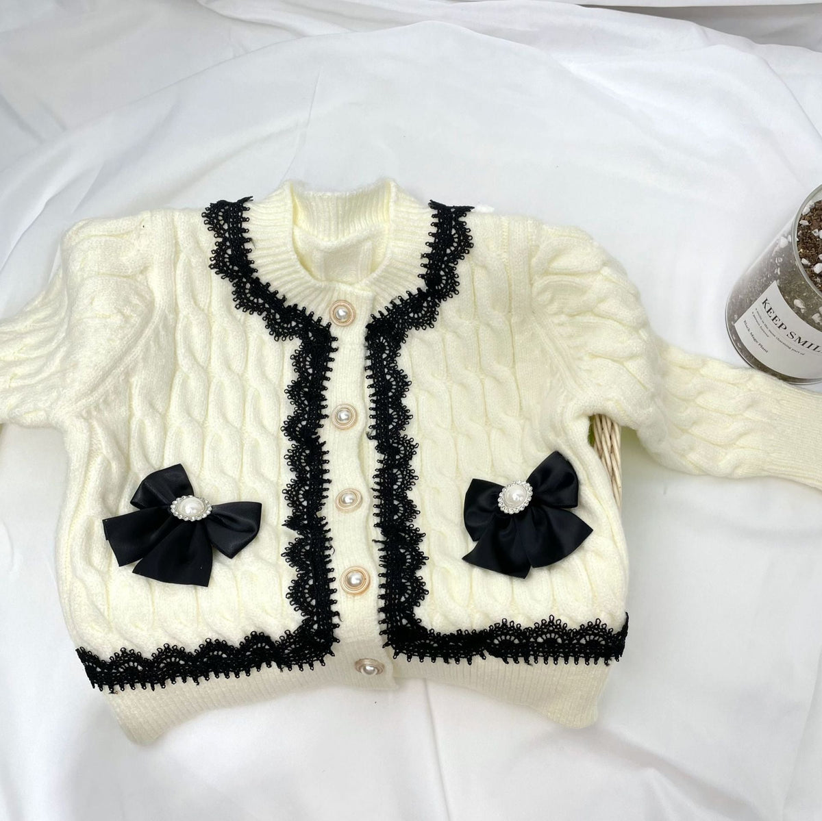 ã€?M-5T】Kid Baby Girl Lace Pearl Single-breasted Winter Sweater