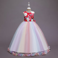 Kid Girl Long Floor-length Rose Print Mesh Pompous Dresses