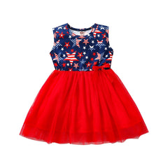 Baby Girl independence Day Bow Stars Striped Printed Tulle Princess Dress