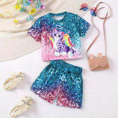 Kid Girl Cat Printed Short Print Gradient Printed Shorts 2 Pcs Sets