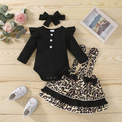 Baby Girl Leopard Print Strap Autumn Winter Set 2 Pcs