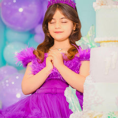 Kid Girl Formal Mesh Performance Purple Pleated Cake Dresses