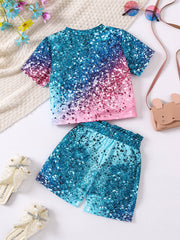 Kid Girl Cat Printed Short Print Gradient Printed Shorts 2 Pcs Sets