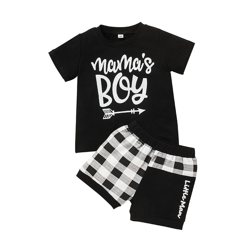 Baby Boy Short Sleeve Letter Plaid Korean 2 Pcs Sets