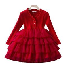 Kid Baby Girls Long Sleeve Knitted Mesh Cake Dresses