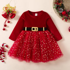 Kid Baby Girls Red Silver Fox Down Long Sleeve Mesh Princess Dress
