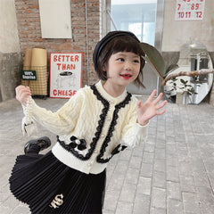 ã€?M-5T】Kid Baby Girl Lace Pearl Single-breasted Winter Sweater