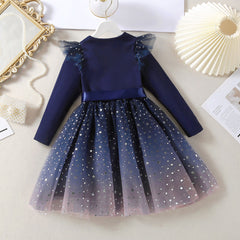 Kid Baby Girls Party Evening Starry Gradient Long Short Sleeve Bubble Dress