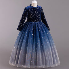 Girl Dress Gradient Starry Sky Mesh Puffy Princess Dress Autumn Winter Girl Dress