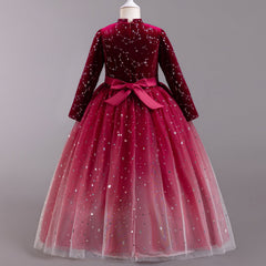 Girl Dress Gradient Starry Sky Mesh Puffy Princess Dress Autumn Winter Girl Dress