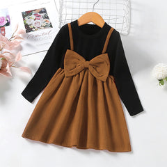 Kid Baby Girls Spring Autumn Fake Bow Patchwork Long Sleeve 2 Pcs Sets
