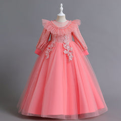 3-12T Kid Girl Long Sleeve Mesh Lace Walk Show Hosting Dress