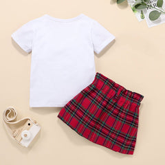 Infant Kid Baby Girls  Plaid Print Pearl Short Sleeve 2pcs Set