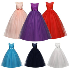 Kid Girl Princess Bow Lace Wedding Party Elegant Teenagers Bridesmaid Dresses