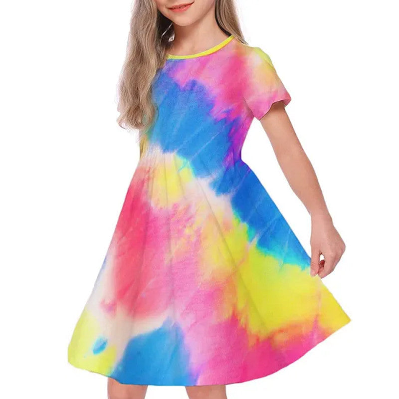 Kid Girl Short Sleeved A-line Digital Printed Round Neck Loose Dress