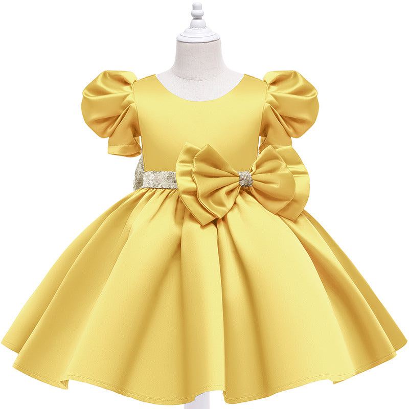 Kid Girl Princess Bubble Sleeve Bow Dress