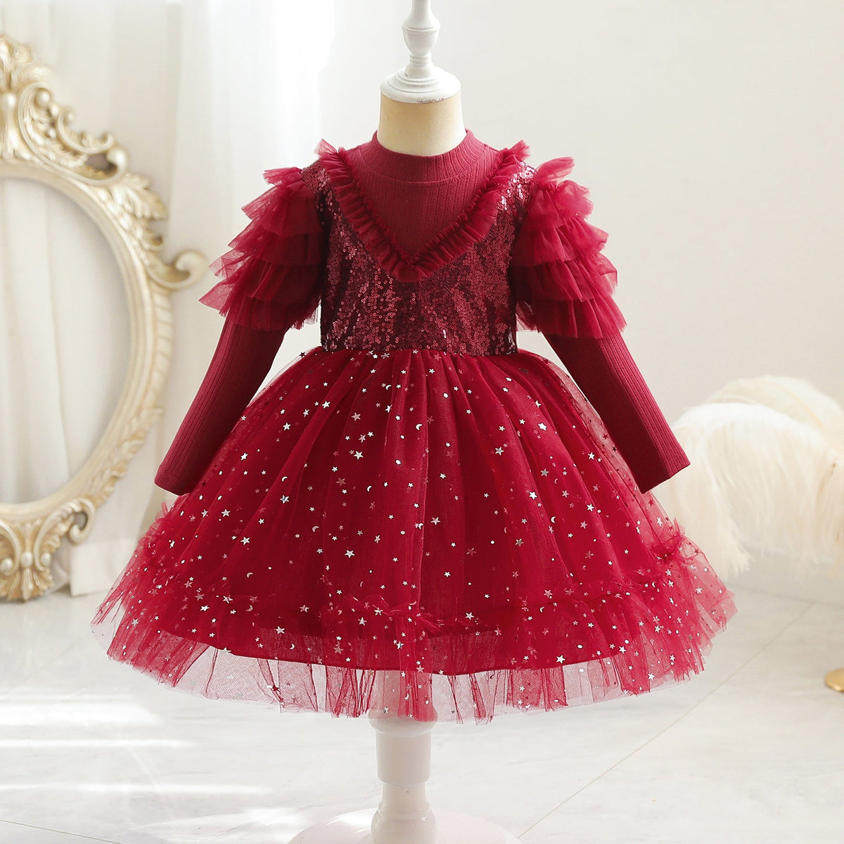 Kid Girl Long Sleeve Princess Star Mesh Dress