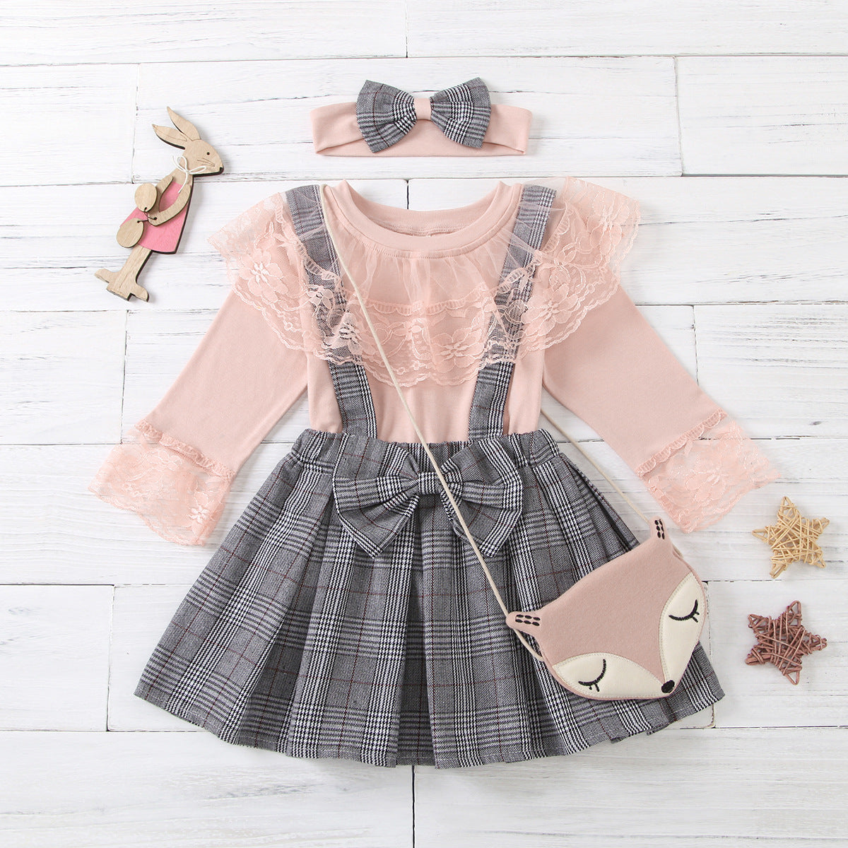 Kid Baby Girls Suits Checked Lace Culottes Suspenders 2 Pcs Sets