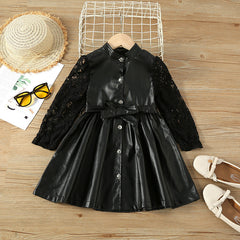 Autumn Kid Girls Lace Splice Bowknot Belt PU Leather Coats