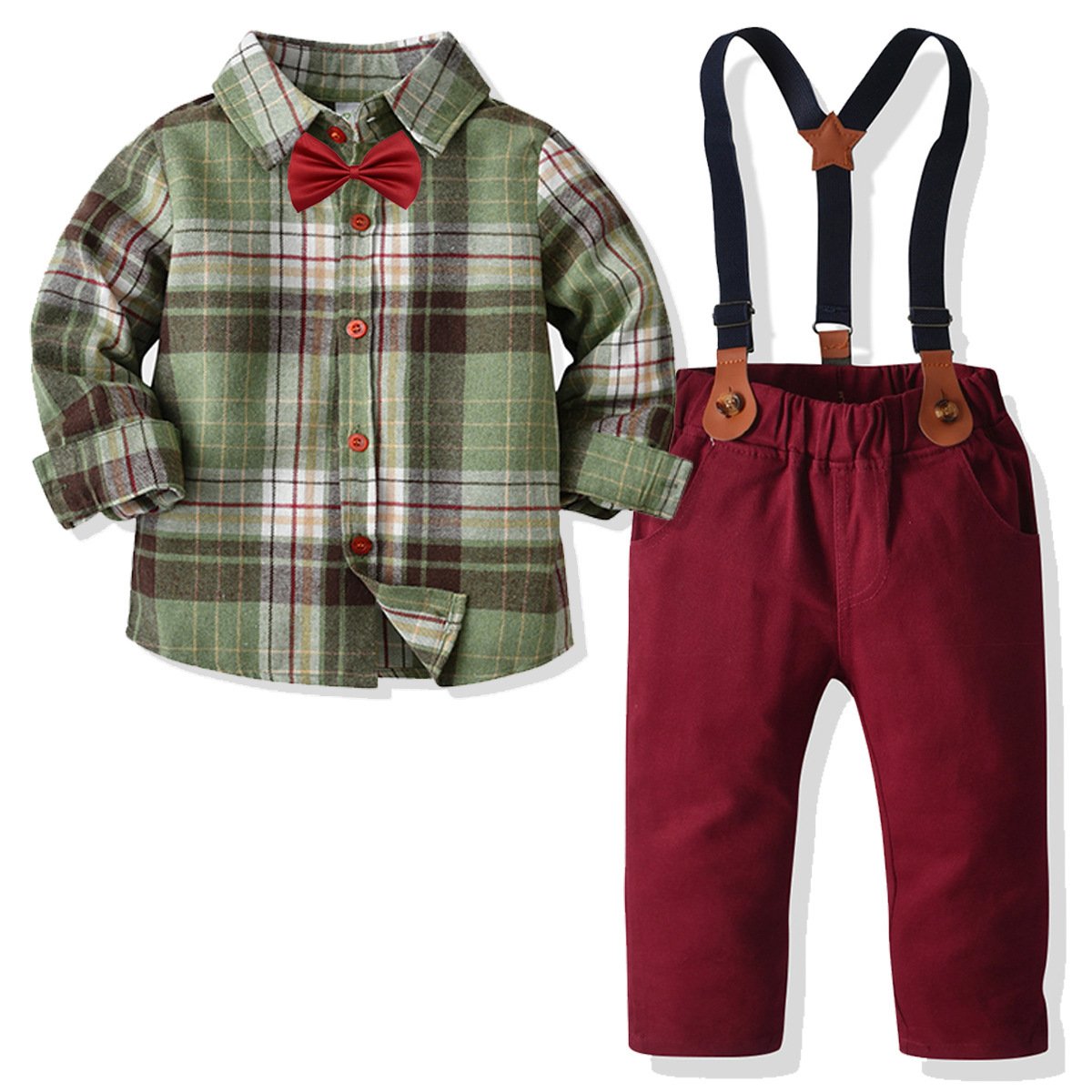 Kid Boys Long Sleeve Plaid Cotton Gentle Set 2 Pcs