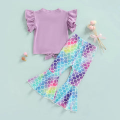 Kid Girls Suit Mermaid Print Fish Print Bell Bottoms 2 Pcs Sets