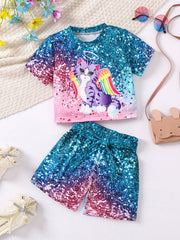 Kid Girl Cat Printed Short Print Gradient Printed Shorts 2 Pcs Sets