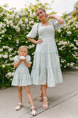 Family Matching Mother Daughter Floral Digital Print Pleated Square Dresses
