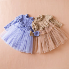Girls Mesh Dress Bubble Sleeve Princess Dress Children Long Sleeve Bow Dress