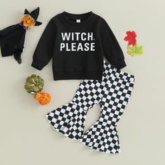 Halloween Kid Baby Girl Witch Letter Long Sleeve Checkered Bell 2 Pcs Sets