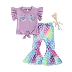 Kid Girls Suit Mermaid Print Fish Print Bell Bottoms 2 Pcs Sets