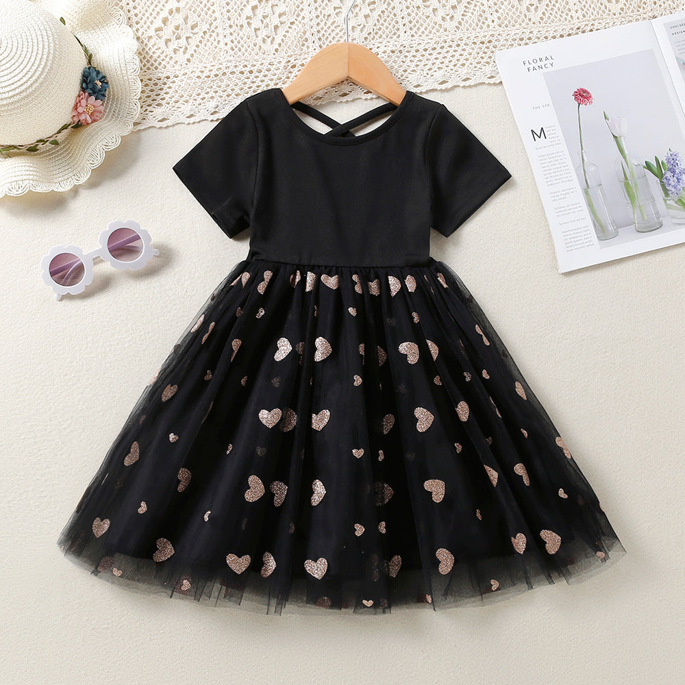 Kid Baby Girl Short Sleeve Splicing Love Gauze Spring Dresses