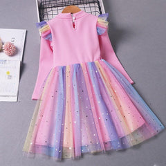 Kid Girl Autumn Winter Plus Velvet Plushed Rainbow Fluffy Gauze Dresses