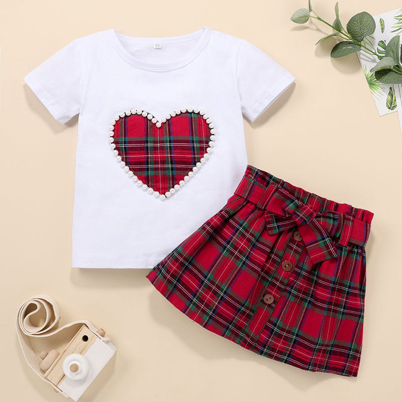 Infant Kid Baby Girls  Plaid Print Pearl Short Sleeve 2pcs Set
