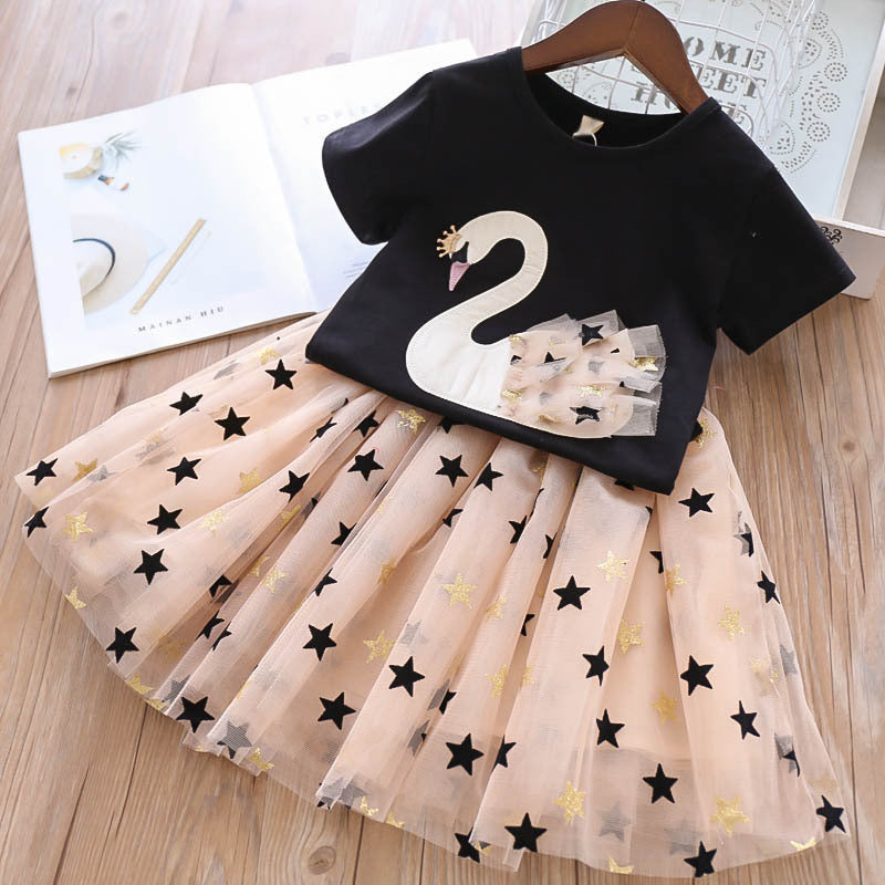 Kid Girl Korean Cotton Cartoon Swan Style Summer Suit 2 Pcs Set