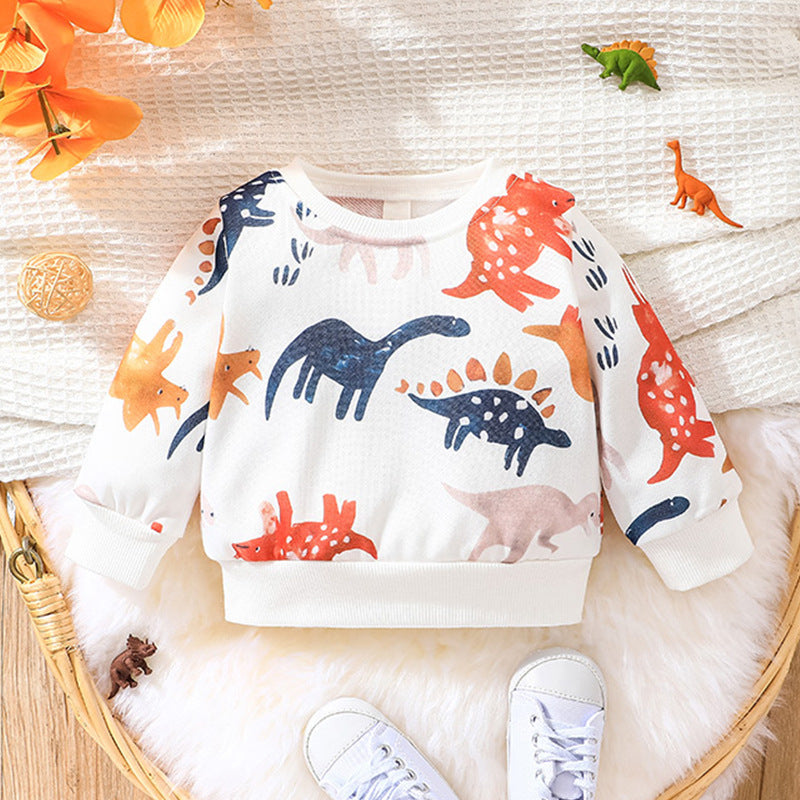 Baby Boy Long-sleeved Crew Neck Cartoon Dinosaur Print Pullover Shirts