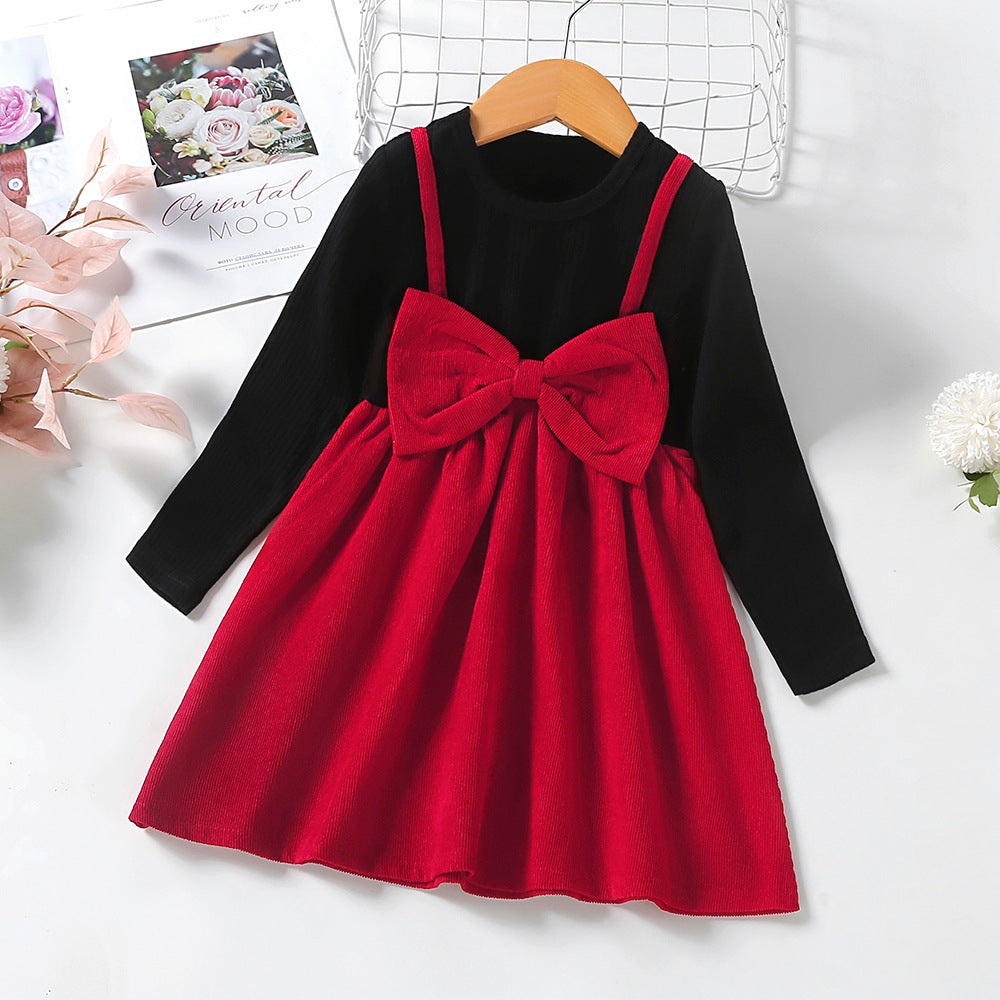 Kid Baby Girls Spring Autumn Fake Bow Patchwork Long Sleeve 2 Pcs Sets