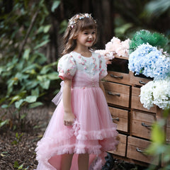Kid Girl Princess Mesh Flower Fluffy Short Sleeved Trailing Performance Dresses