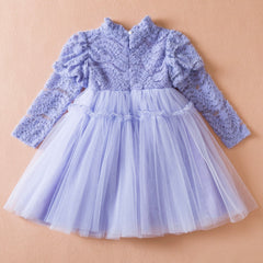 Girls Mesh Dress Bubble Sleeve Princess Dress Children Long Sleeve Bow Dress
