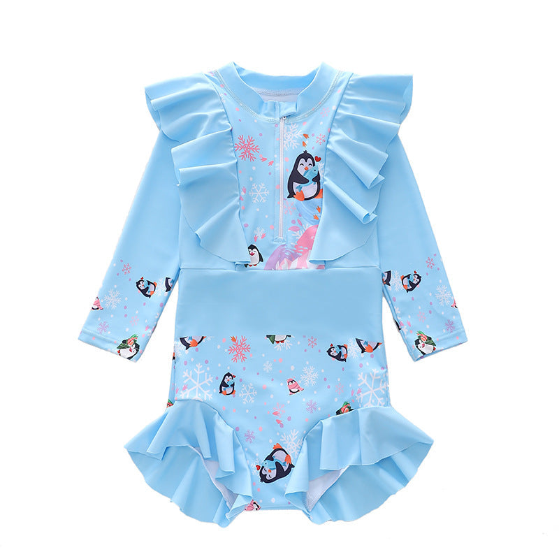 Kid Girl One-piece Swimsuit Long-sleeved Ruffle Swimwear