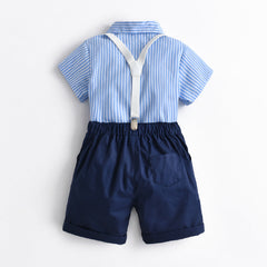 Kid Baby Boy Gentleman Suit Short Sleeve Striped Bow Tie Blue Suspenders 4 Pcs Sets