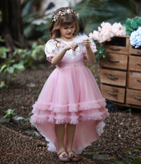 Kid Girl Princess Mesh Flower Fluffy Short Sleeved Trailing Performance Dresses