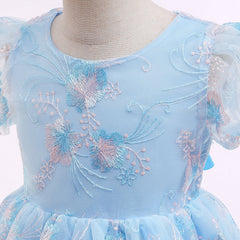 Kid Baby Girls Summer Bubble Sleeve Princess Embroidered Mesh Gown Dresses