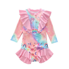 Kid Girl One-piece Swimsuit Long-sleeved Ruffle Swimwear