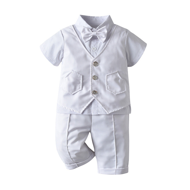 Baby Boys Gentlemen Short Sleeved Solid Fake 2 Pcs Sets