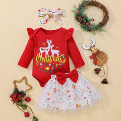 Baby Girl Christmas Elk Print Fart Bow Gauze 2 Pcs Sets