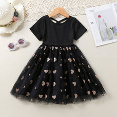 Kid Baby Girl Short Sleeve Splicing Love Gauze Spring Dresses