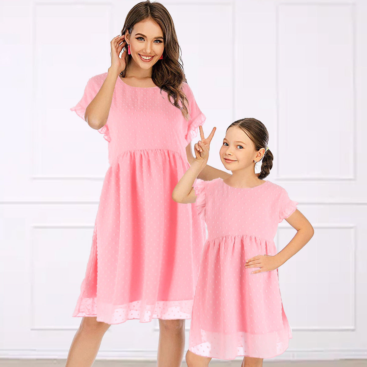 Family Matching Mother Daughter Round Collar Short Sleeves Lovely Dresses