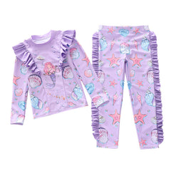 Kid Girl Long Sleeve Beach Ruffled Swimsuits Tops and Bottoms