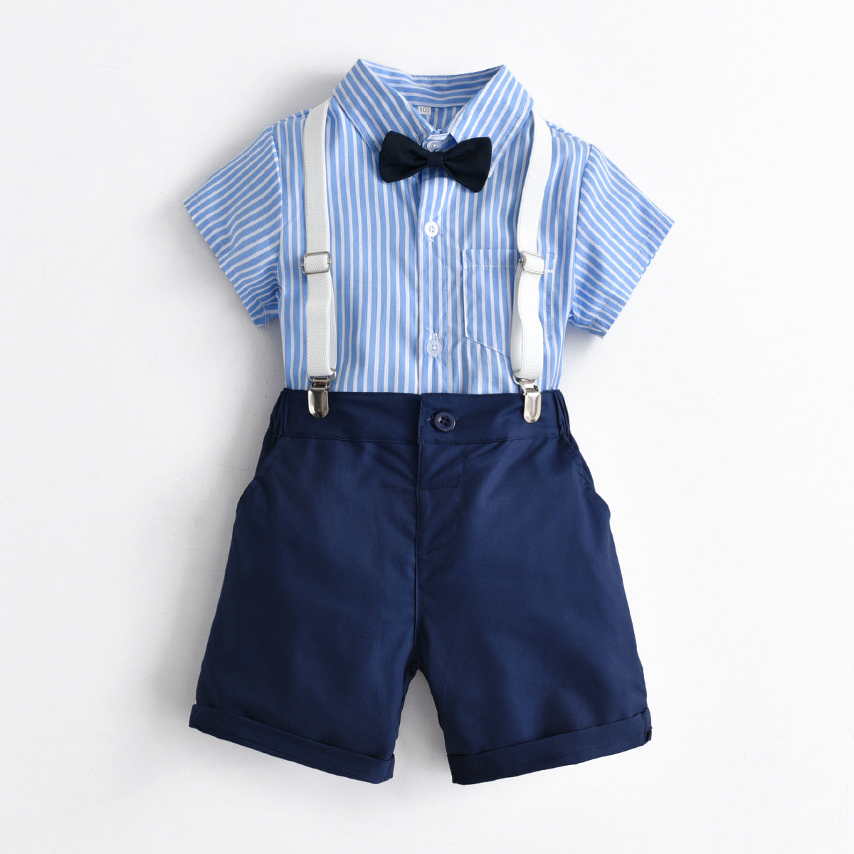 Kid Baby Boy Gentleman Suit Short Sleeve Striped Bow Tie Blue Suspenders 4 Pcs Sets