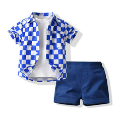 Kid Baby Boy Checkerboard Short Sleeve Cotton 3 Pcs Set